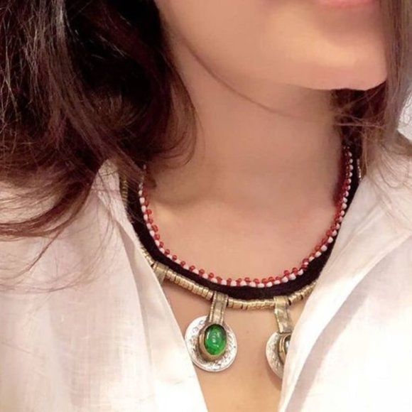 Afghan Stone Embedded Coins Necklace, Afghan Choker Necklace, Vintage Tribal - Picture 2 of 6